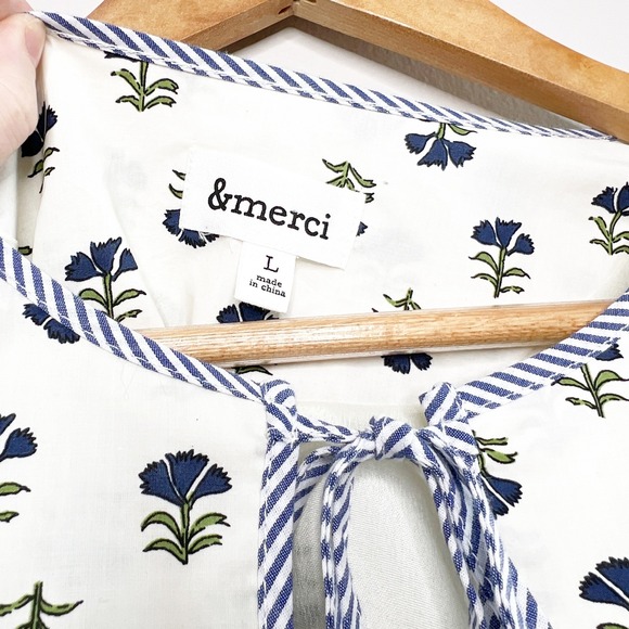 &Merci Puff Sleeve Peplum Blouse Women's Size L Blue Boho Floral Print Tie Neck - Picture 7 of 8